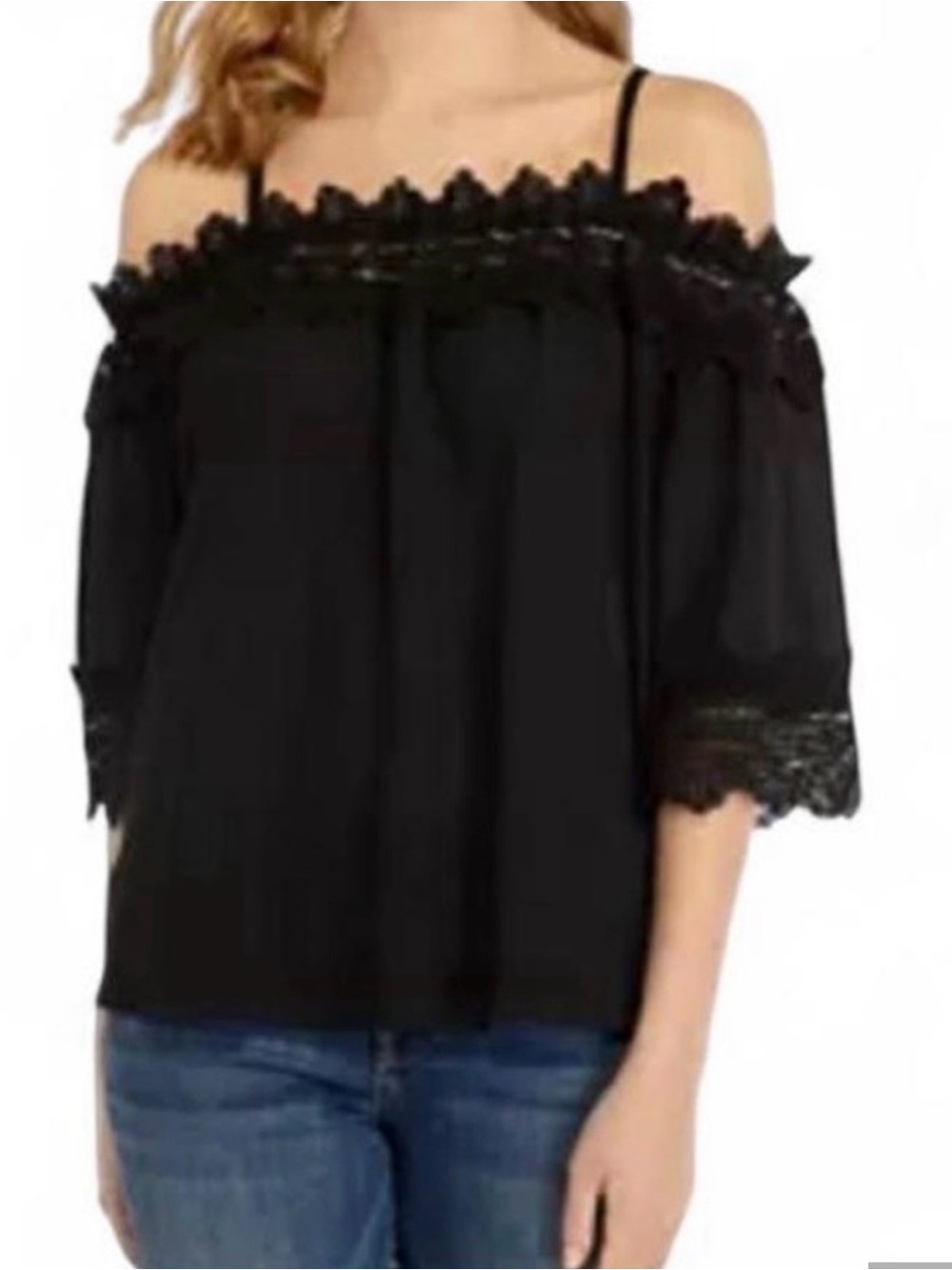 Fortune + Ivy Women’s Black Off-Shoulder Lace Trim Top M